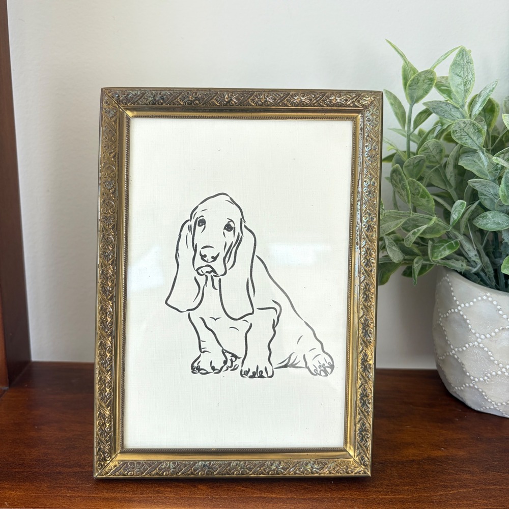 Vintage Brass Ornate Embossed 5x7 Picture Frame with Basset Hound Line Art